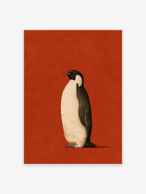 Detailed penguin illustration in profile on a solid red background, nature-themed wall art print