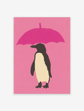 Modern penguin wall art illustration with a black and cream penguin holding a pink umbrella on a pink background.