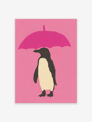 Modern penguin wall art illustration with a black and cream penguin holding a pink umbrella on a pink background.