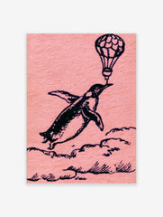 Whimsical black ink illustration of a penguin flying while holding a hot air balloon on a pink background art print