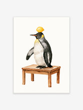 Watercolor illustration of a penguin balancing a lemon on its head while standing on a wooden stool