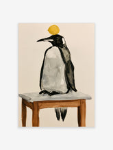 Penguin illustration standing on a wooden stool balancing a yellow ball on its head, watercolour style art print