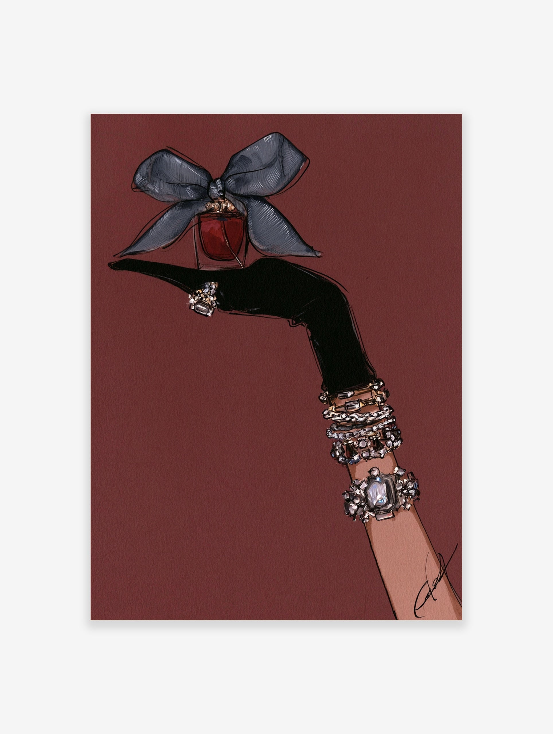 Fashion illustration of a gloved hand with bracelets holding a perfume bottle with a bow against a deep red background