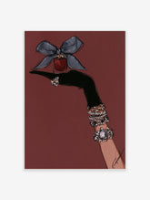 Fashion illustration of a gloved hand with bracelets holding a perfume bottle with a bow against a deep red background