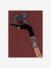 Fashion illustration of a gloved hand with bracelets holding a perfume bottle with a bow against a deep red background