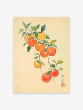 Japanese style watercolor art print of orange and red persimmon fruits on a branch with green leaves.