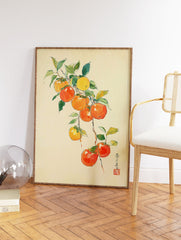 Japanese style watercolor art print of orange and red persimmon fruits on a branch with green leaves. - Image 2