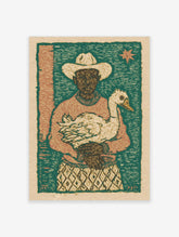 Woodcut print of a person in a cowboy hat holding a white goose, against a teal background with a star