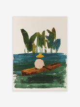 Illustrative painting of person in yellow hat in wooden boat on green-blue water with green foliage