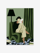 Minimalist illustration of a person sitting in a green chair reading a book, with curtains and a lamp in the background