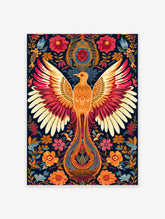 Vibrant Phoenix poster with outstretched wings, detailed in orange and red, surrounded by illustrative folk art floral patterns.