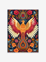 Vibrant Phoenix poster with outstretched wings, detailed in orange and red, surrounded by illustrative folk art floral patterns.