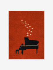 Black grand piano with white doves flying out, against a textured burnt orange background art print