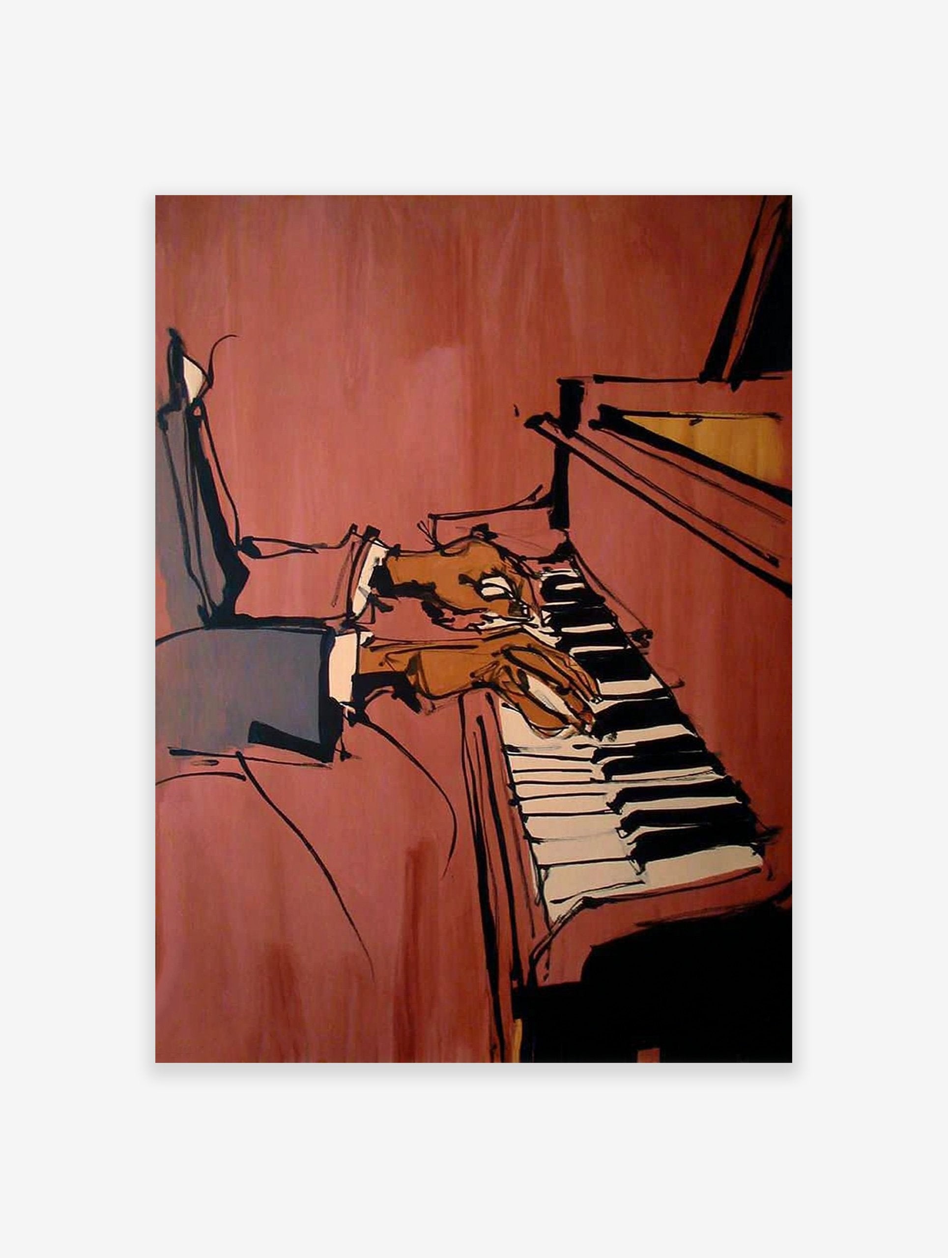 Dynamic piano player wall art illustration with bold lines and warm tones, depicting a musician's hands on the keys.