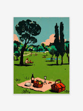 Vintage park picnic illustration with basket, wine bottle, and figures on green grass, unframed art print