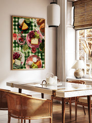 Picnic wall art illustration with cheese, grapes, strawberries, bread, and wine on a green checkered tablecloth. - Image 2