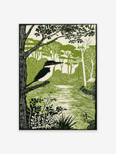 Illustrative green and white print of a pied kingfisher on a branch by a river with dense foliage