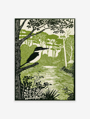 Illustrative green and white print of a pied kingfisher on a branch by a river with dense foliage