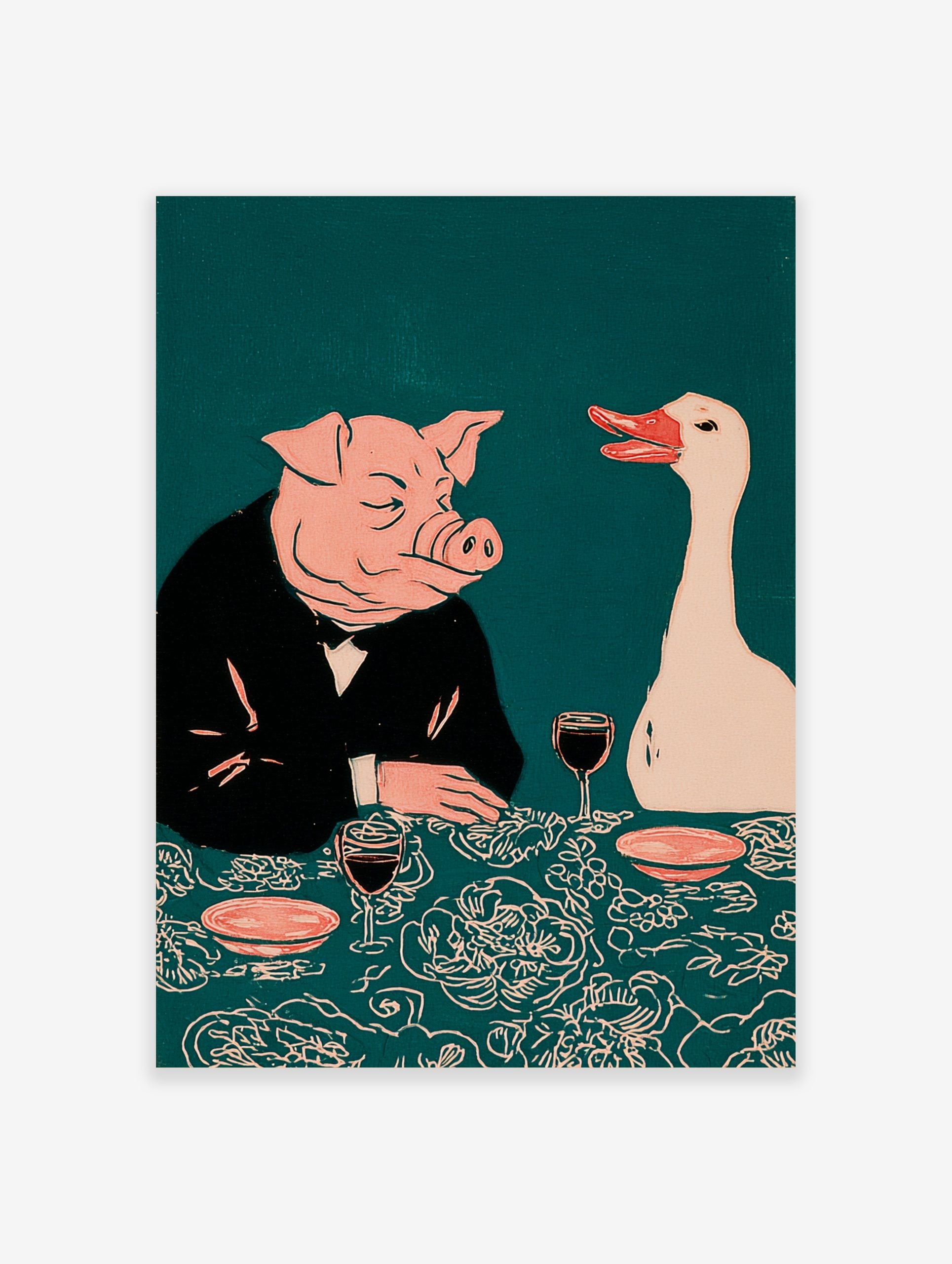 Illustrative print of a pig in a suit and a white goose at a dinner table with wine, on a teal background
