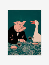 Illustrative print of a pig in a suit and a white goose at a dinner table with wine, on a teal background