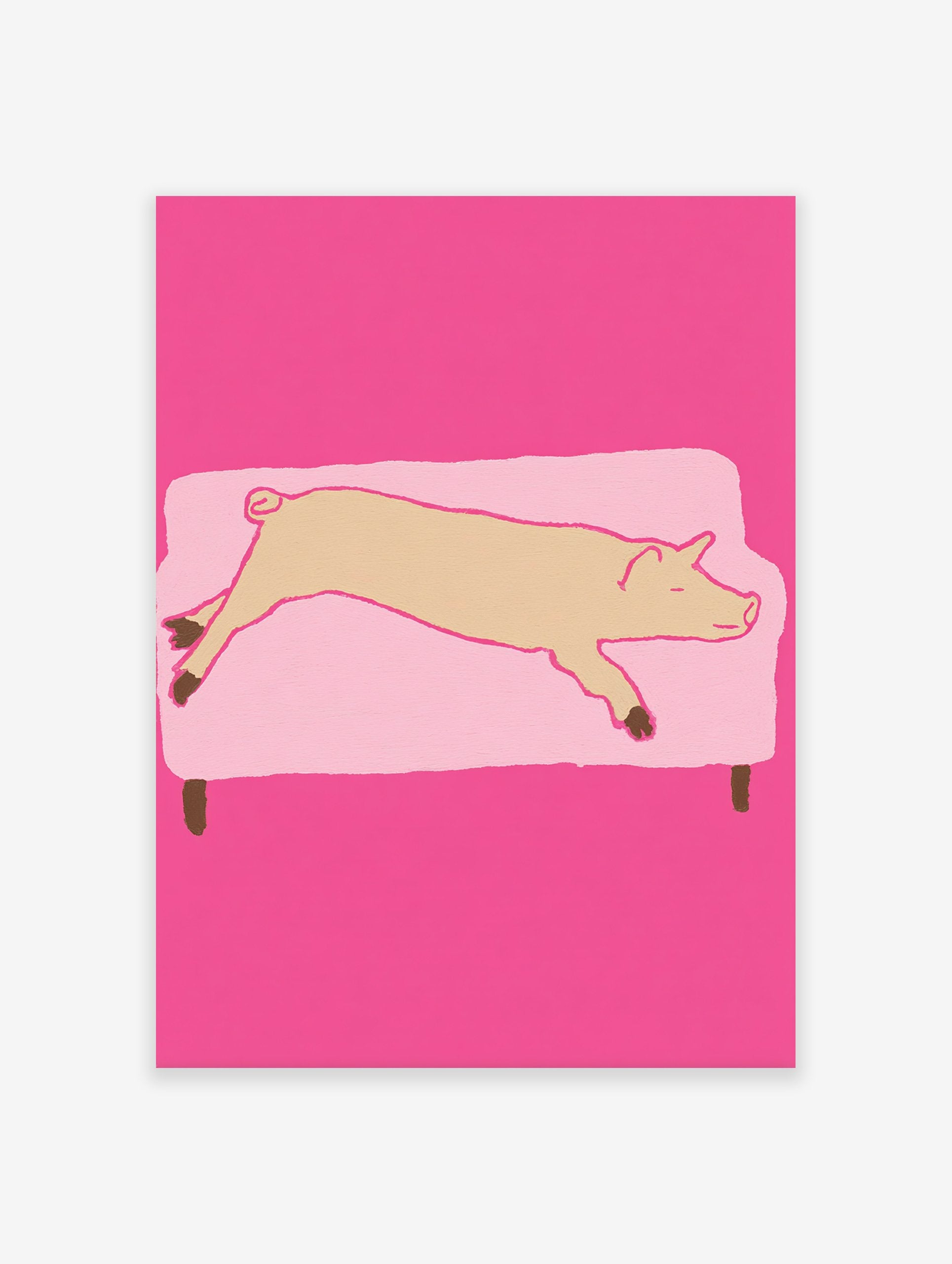 Whimsical pig wall art illustration showing a light brown pig sleeping on a light pink couch against a vibrant pink background.