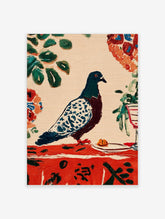 Illustrative pigeon bird art print with dark teal, brown, and white spotted feathers, on a red tablecloth