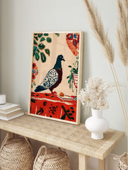 Illustrative pigeon bird art print with dark teal, brown, and white spotted feathers, on a, in an alternate framed mockup