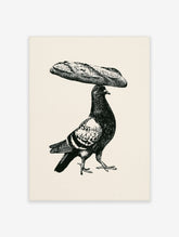 Black and white illustrative art print of a pigeon balancing a baguette on its head on a cream background