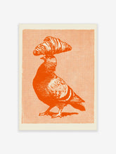 Surreal illustration of a pigeon with a croissant on its head in orange halftone style on cream background