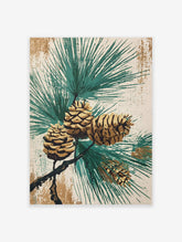 Vintage botanical illustration of a pine branch with several brown pine cones and green needles on a textured background.