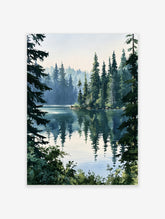 Watercolour style print of a calm lake surrounded by deep green pine trees, viewed through a frame of foreground branches