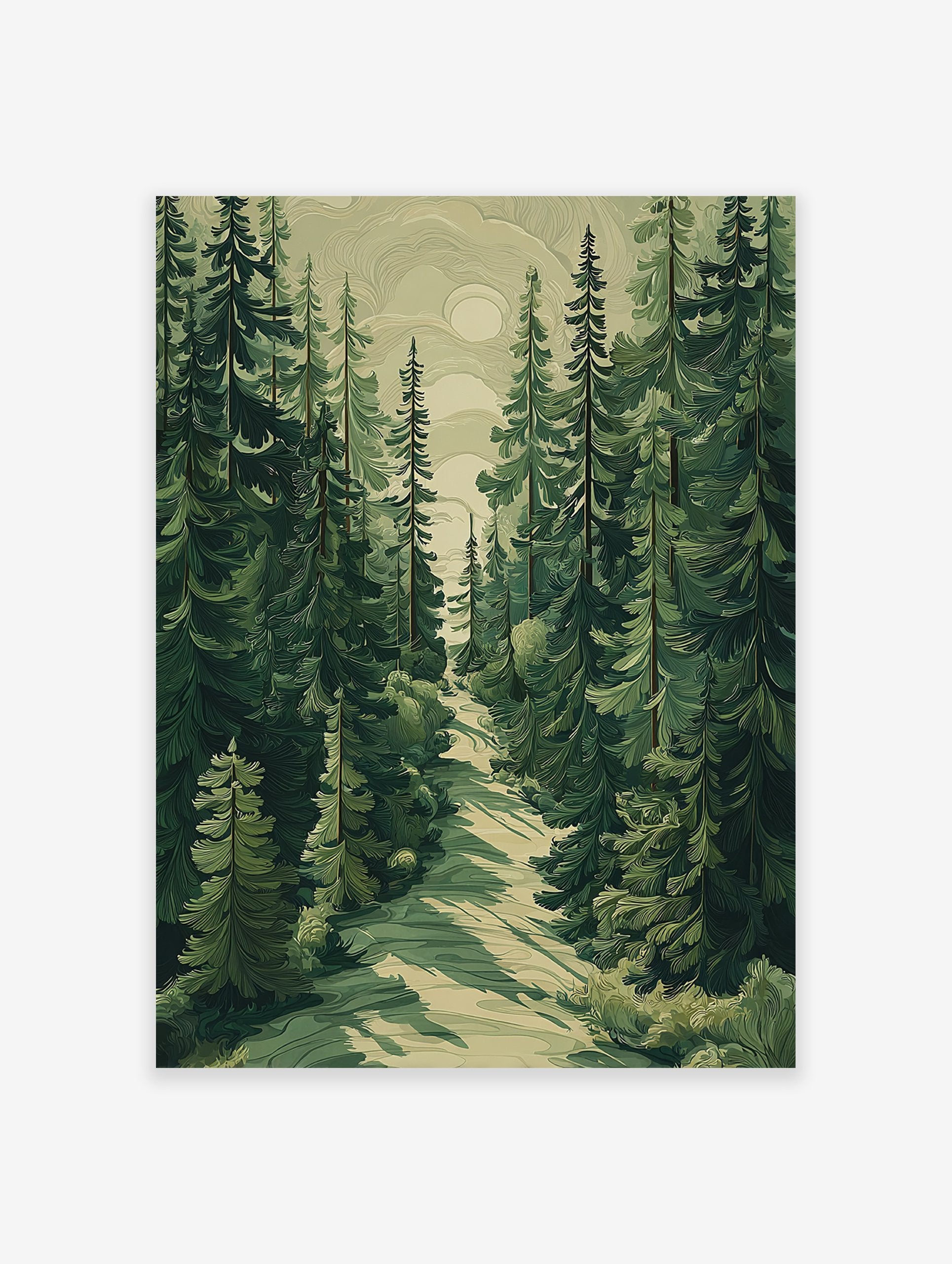 Poster of a stylized green pine forest with a winding path and a soft moon in the sky, illustrating a serene woodland scene.
