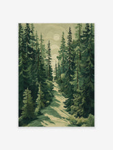 Poster of a stylized green pine forest with a winding path and a soft moon in the sky, illustrating a serene woodland scene.