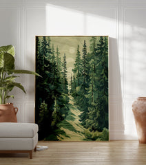 Poster of a stylized green pine forest with a winding path and a soft moon in the sky, illustrating a serene woodland scene. - Image 3