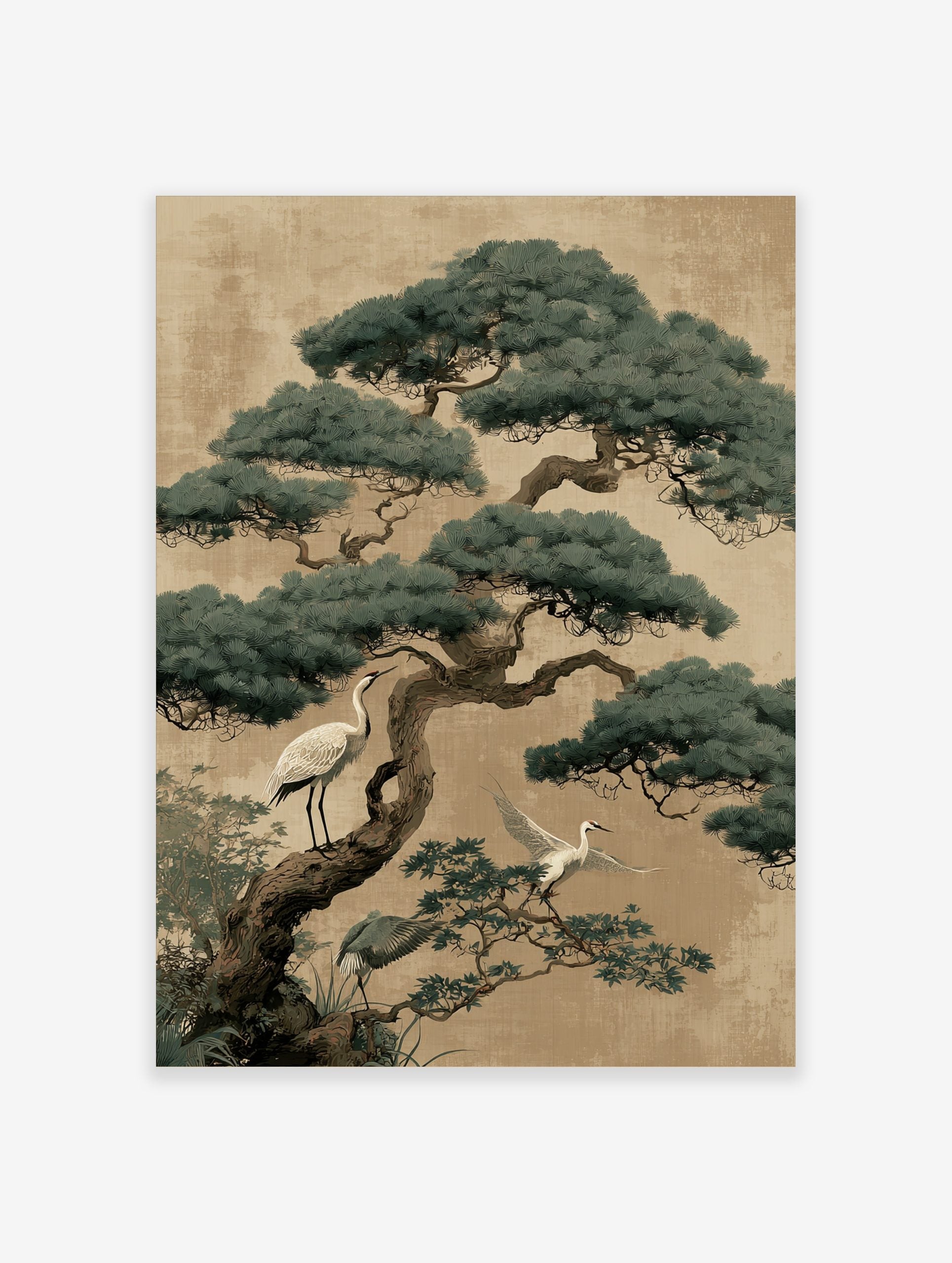 Illustrative print of a large pine tree with white and grey cranes on branches against a textured beige background