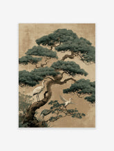 Illustrative print of a large pine tree with white and grey cranes on branches against a textured beige background