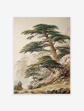 Pine tree mountain landscape poster in traditional Asian art style, showing majestic pines on rocky cliffs with mist.