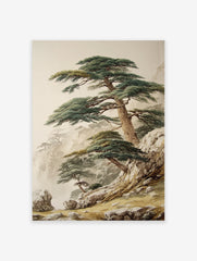 Pine tree mountain landscape poster in traditional Asian art style, showing majestic pines on rocky cliffs with mist.