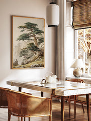 Pine tree mountain landscape poster in traditional Asian art style, showing majestic pines on rocky cliffs with mist. - Image 2