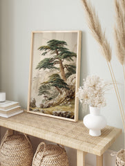 Pine tree mountain landscape poster in traditional Asian art style, showing majestic pines on rocky cliffs with mist. - Image 4