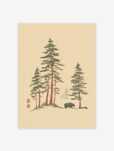 Pine tree wall art print with a walking bear, tall pines, and red kanji on a beige background