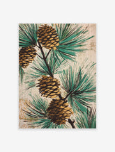 Vintage pinecone wall art print with green pine needles and brown pinecones on a textured off-white background.