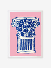 Pink and blue classical column poster with botanical leaves illustration on a light pink background.