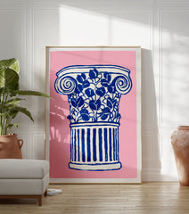 Pink and blue classical column poster with botanical leaves illustration on a light pink background. - Image 3