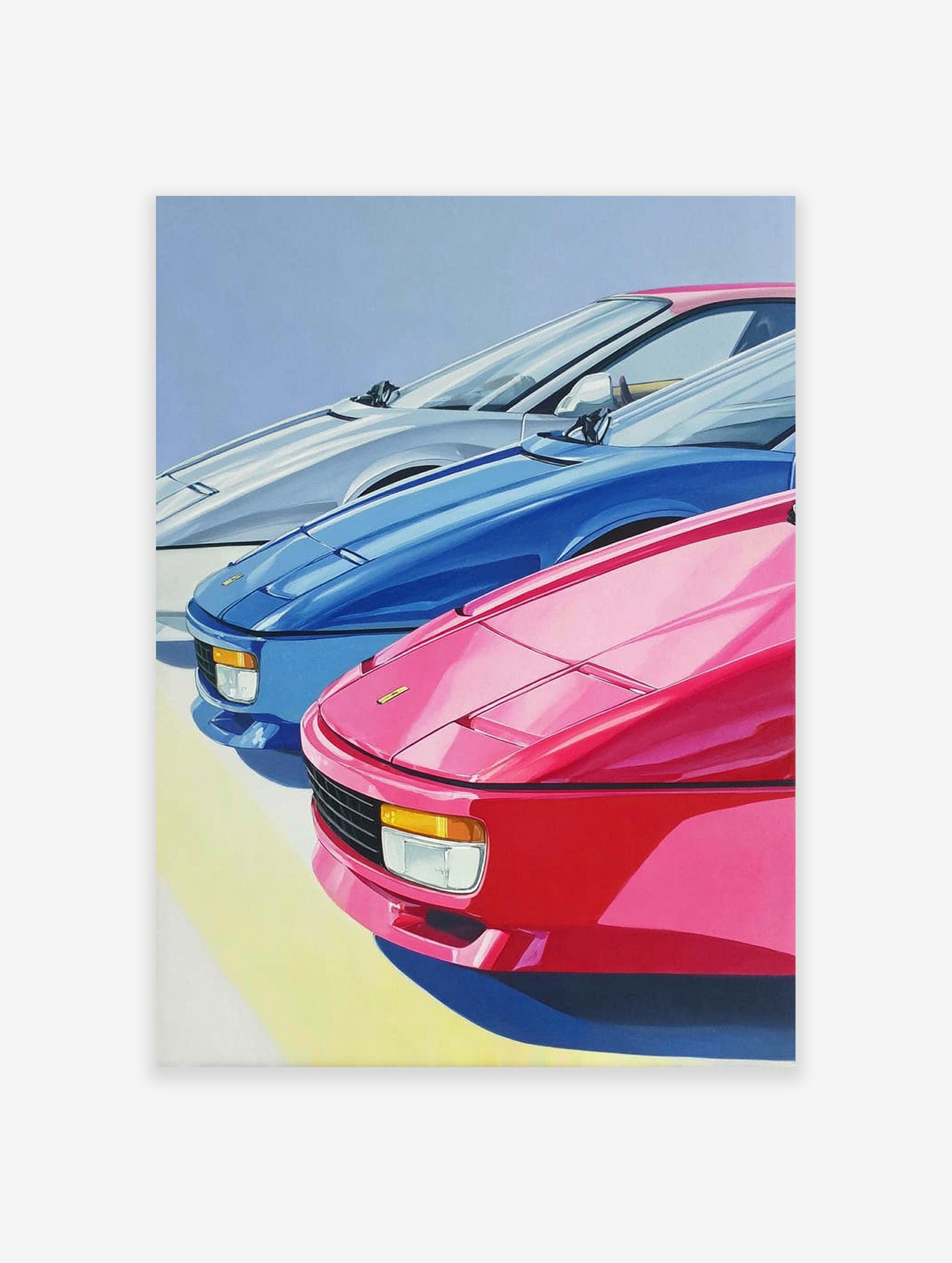 Vibrant sports car poster featuring three classic cars in pink, blue, and white, with a light blue sky background.