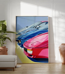 Vibrant sports car poster featuring three classic cars in pink, blue, and white, with a light blue sky background. - Image 3