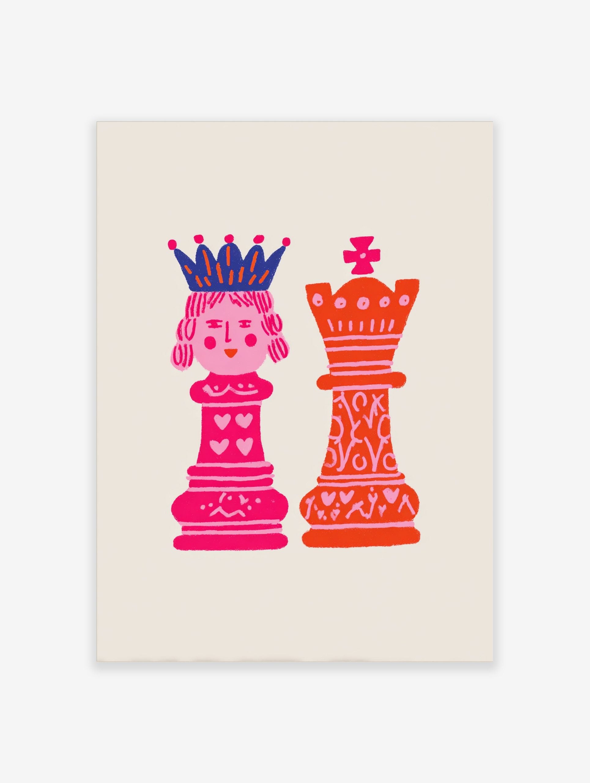 Illustrative art print of pink chess queen and orange king with hearts on a light background