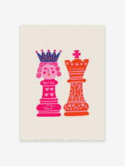Illustrative art print of pink chess queen and orange king with hearts on a light background