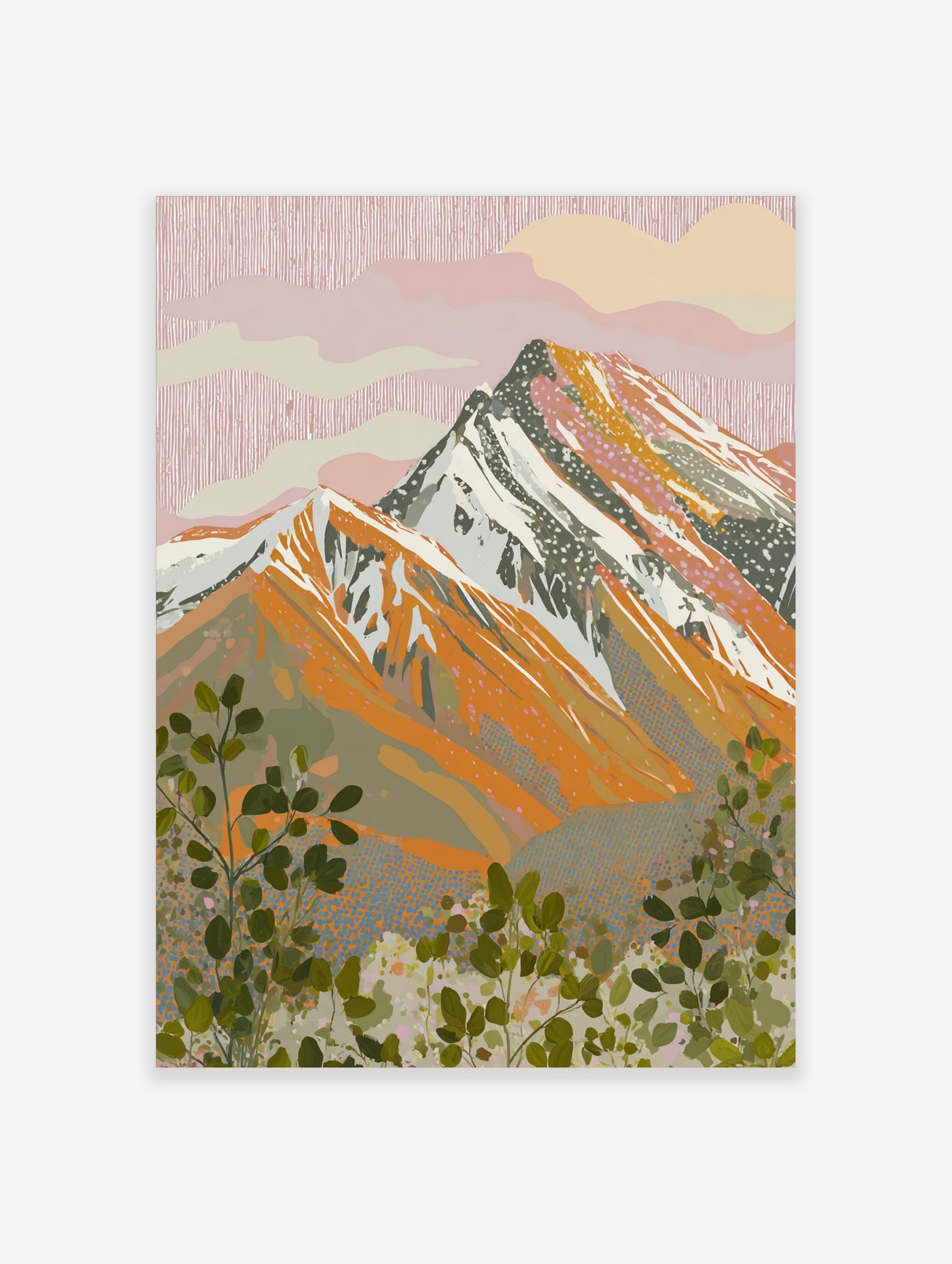Illustrative mountain landscape print with pink sky, orange peaks, and green foliage foreground