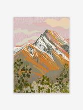 Illustrative mountain landscape print with pink sky, orange peaks, and green foliage foreground